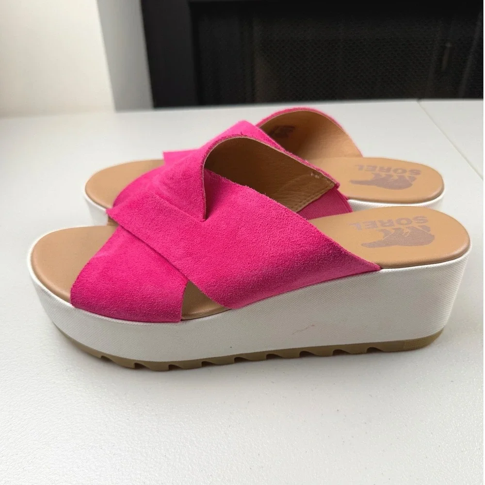 Sorel Cameron Flatform Slide Sandals Fuchsia Pink Suede NL4978-650 Womens 8